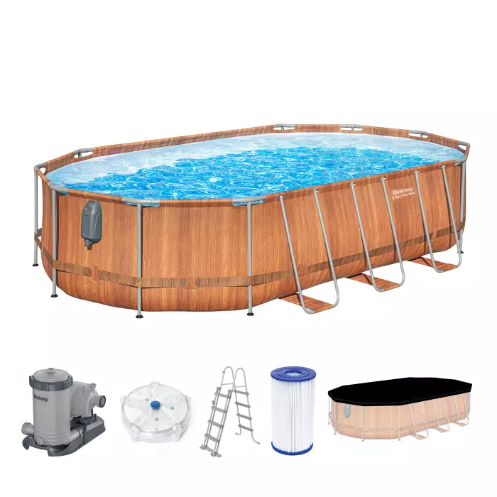 Каркасный бассейн Bestway 56719 BW, Power Steel 610x366x122см "Под дерево" 20241л, фильтр-насос, лестница, гидромас, подсв